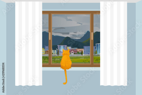 An orange cat sitting by the window, watching the city view in the rainy weather outside.