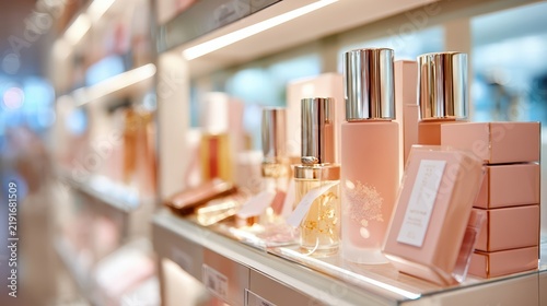 Elegant cosmetic bottles with pink packaging are artfully displayed on a store shelf. The luxurious skincare and perfume products shine in a modern retail setting.
