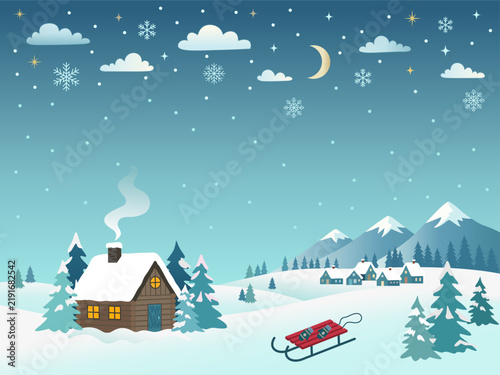 Winter landscape illustration showing a cozy log cabin surrounded by snow-covered evergreen trees, rolling snowy hills, and a distant mountain village.