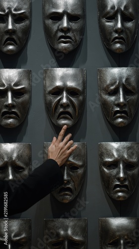 Hand in business suit choosing metallic tragedy drama mask on dark wall. Emotional labor, psychological burnout, depression and mental health concept