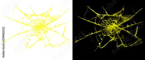 Fotografie Yellow shattered glass texture, broken window impact effect on black and white b