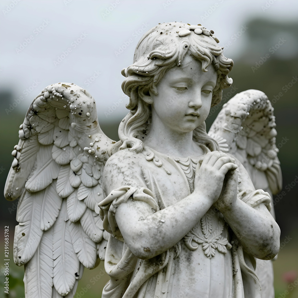 Fototapeta premium Grief and mourning concept, stone angel statue with praying hands in a cemetery, religious memorial and remembrance for loss and funeral services