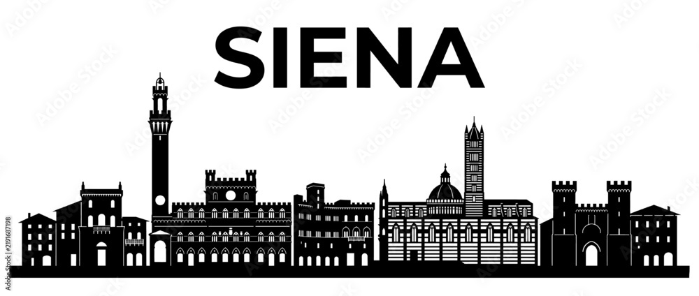 Obraz premium Siena Italy City Skyline Silhouette Stencil Vector Illustration with Famous Landmarks and Cathedral Architecture Isolated on White Background