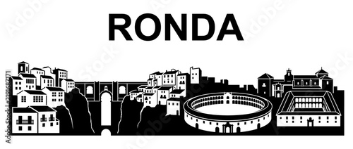 Ronda Spain City Skyline Stencil, Black and White Vector Silhouette featuring Puente Nuevo Bridge, Bullring, and Historic Architecture Isolated on White