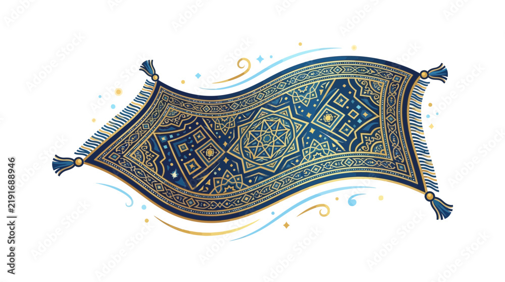 Obraz premium Ornate blue magic carpet with gold patterns flying.