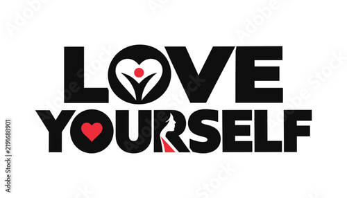 Love yourself typography with heart and figure silhouette