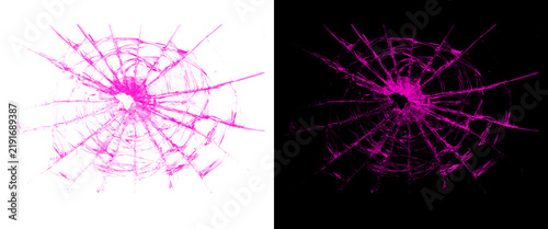 Shattered glass texture with pink cracks, broken window pane effect on white and black background, spiderweb crack pattern for graphic design