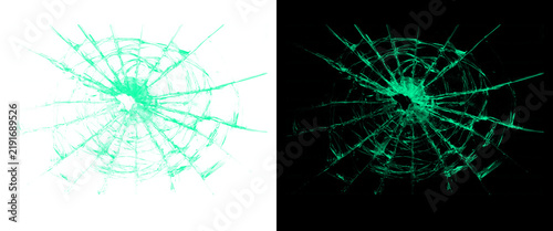 Green shattered glass texture set, broken window pane with radial cracks, damaged glass overlay on white and black backgrounds