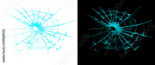 Shattered glass texture with bullet hole, broken window cracks on black and white background, cyan damaged glass effect for design overlays