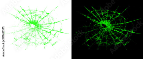Green shattered glass texture on white and black backgrounds, broken window pane crack pattern, bullet hole impact effect for graphic design