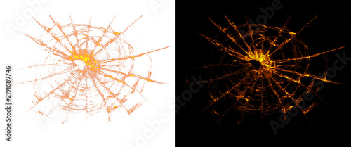 Shattered glass texture with bullet hole, broken window pane with radial cracks, glowing orange impact damage on black and white background