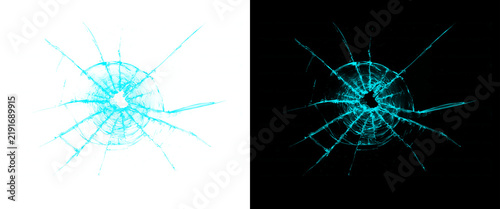 Shattered glass bullet hole illustration, glowing blue cracked glass texture, broken window impact effect on black and white backgrounds