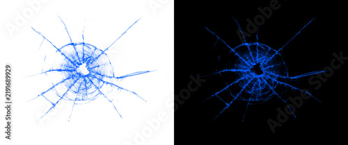 Shattered glass bullet hole texture, cracked window pane effect on white and black background, broken windshield design element