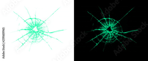 Green shattered glass bullet hole texture, cracked window pane overlay on black and white background, broken glass effect for photo editing