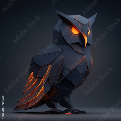 Polygonal 3D owl with glowing orange neon lines on dark background. Artificial intelligence, cyber security, data monitoring and surveillance concept