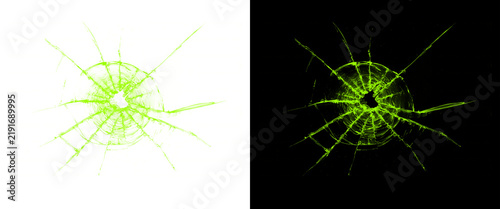 Green shattered glass texture with bullet hole, cracked window pane on black and white backgrounds, broken glass overlay for design