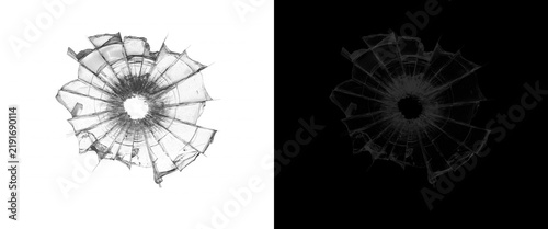 Shattered glass bullet hole texture, broken window glass crack effect on black and white background, isolated crime scene design element