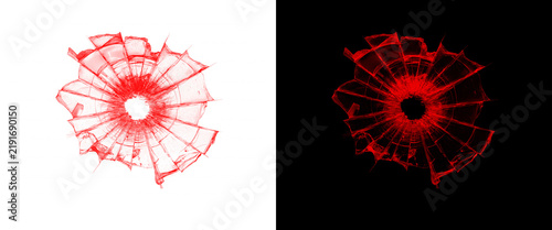 Red broken glass bullet hole texture, shattered glass spiderweb cracks on black and white backgrounds, graphic design elements