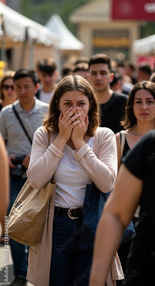 Obraz premium Shocked woman covering mouth in dense crowd on busy street. Vertical view of shopper experiencing stress in public