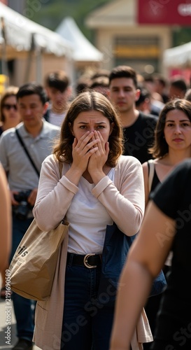 Shocked woman covering mouth in dense crowd on busy street. Vertical view of shopper experiencing stress in public