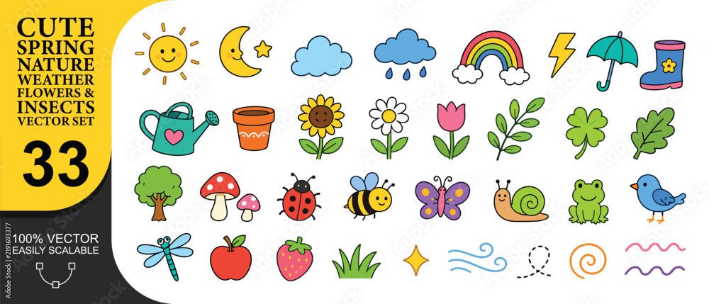 Obraz premium Spring nature and weather icons showing cute colorful flowers insects and climate elements for seasonal designs garden themes and educational graphic resources.