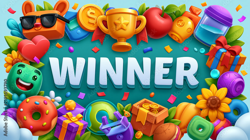 Fototapeta premium Colorful animation featuring a 'Winner' theme with fun characters and prizes.
