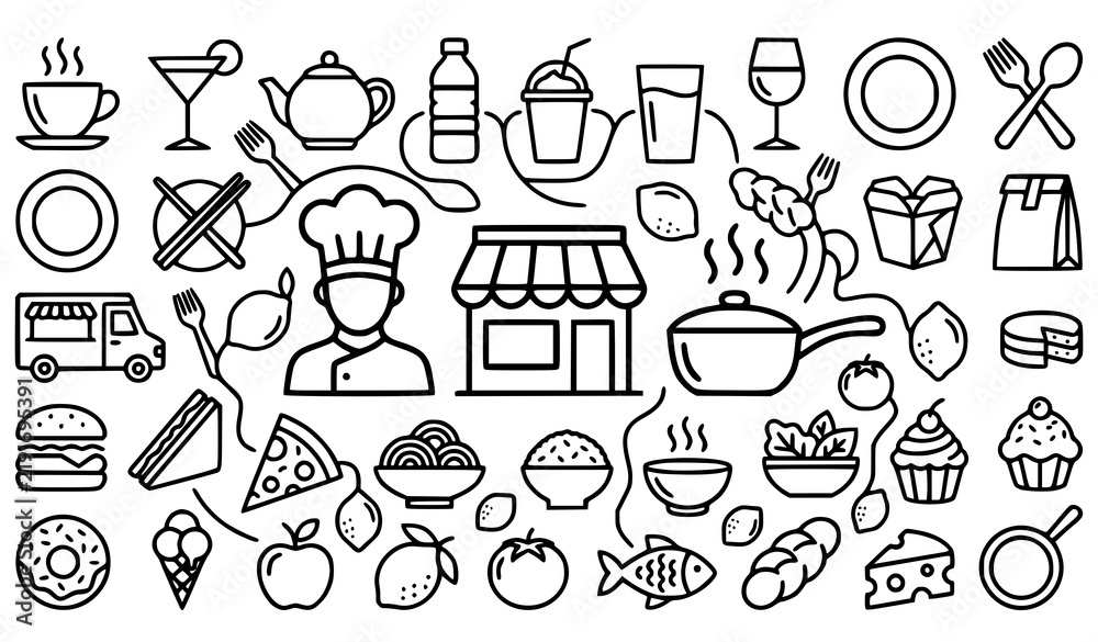 Fototapeta premium Modern Food and Drink Outline Icon Collection – Restaurant, Cooking and Beverage Linear Symbols