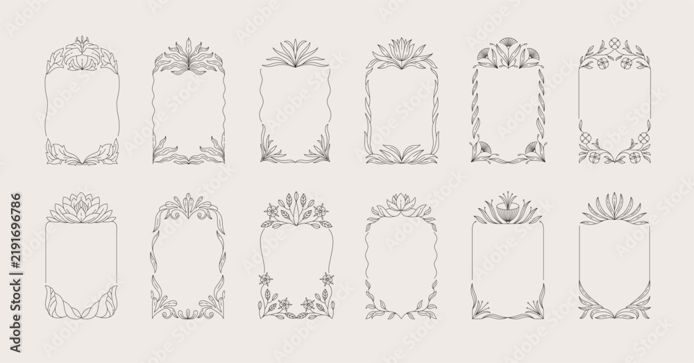 Obraz premium Set of floral boho frames. Delicate botanical branch flowers and leaves, intricate hand drawn details. Botanical vector illustration for invitation, save the date card or book