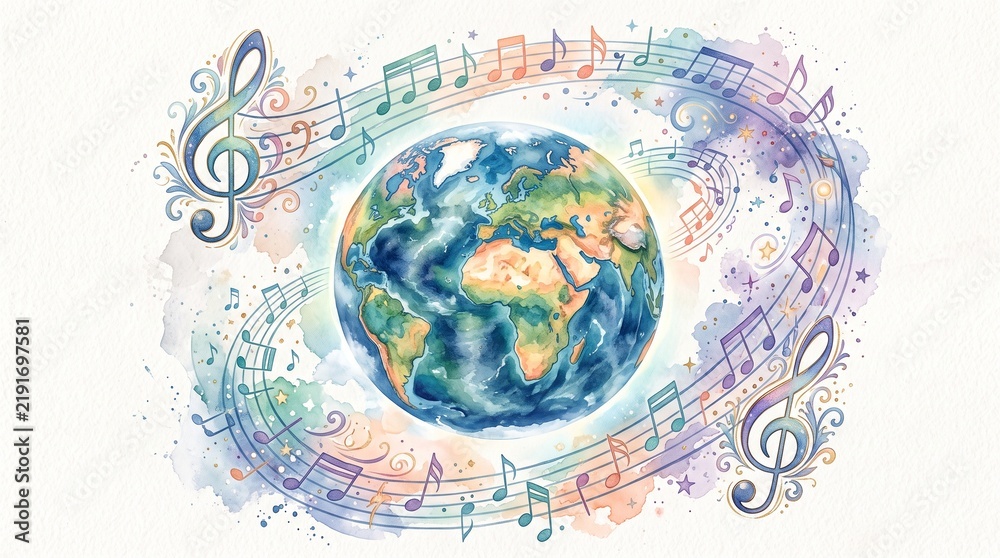 Obraz premium A watercolor illustration of planet Earth surrounded by flowing musical staves, notes, and treble clefs on a white background, representing the universal language of music and global harmony.