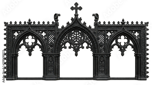 Ornate gothic architectural stone archway with gargoyles and cross, isolated on transparent background