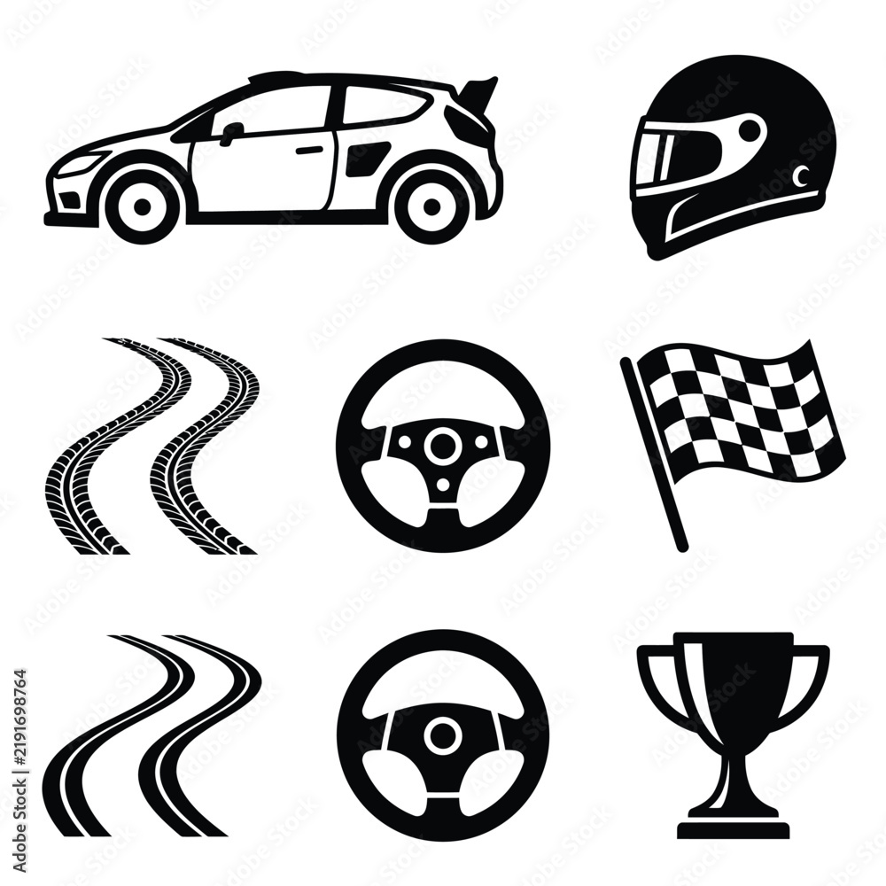Obraz premium Racing and automotive icons set for speed enthusiasts.