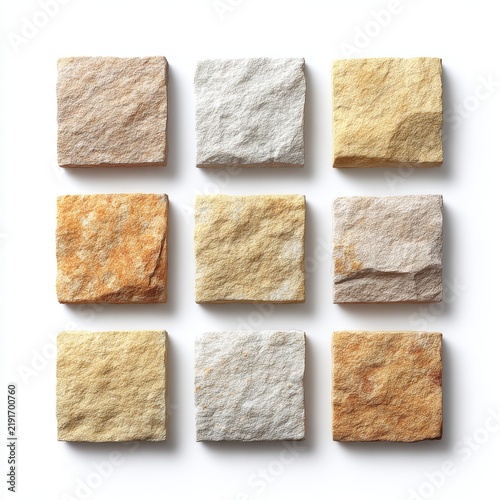Textured Natural Stone Tiles in Various Tones Arranged in a Clean Grid Pattern on a Bright Background