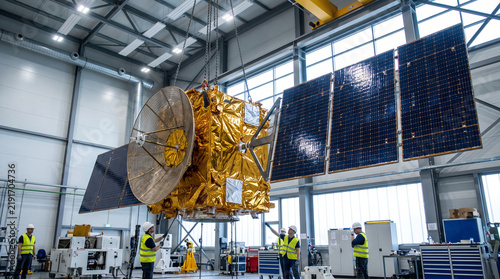 Large communications satellite covered in gold thermal foil with large gold antenna dish and deployed solar panels suspended by overhead crane in bright aerospace clean room factory