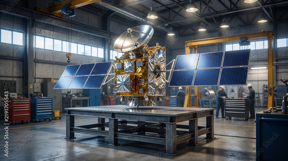 Fototapeta premium Large communications satellite covered in gold thermal foil with large gold antenna dish and deployed solar panels suspended by overhead crane in bright aerospace clean room factory