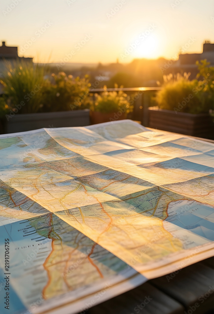 Fototapeta premium Travel planning and adventure concept, paper map on a wooden table at sunset with city skyline background for vacation inspiration and wanderlust