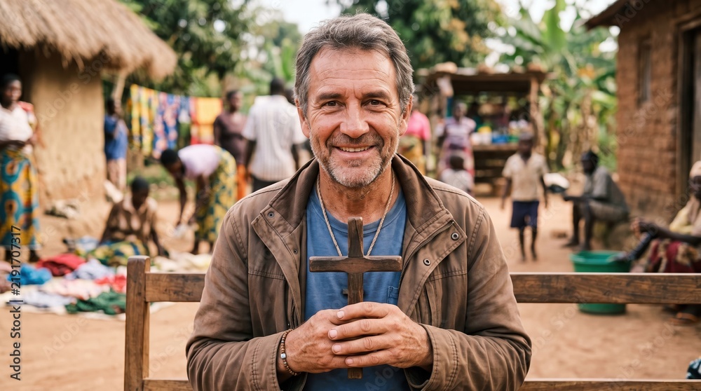 Fototapeta premium Smiling man in rural outdoor setting with relaxed pose