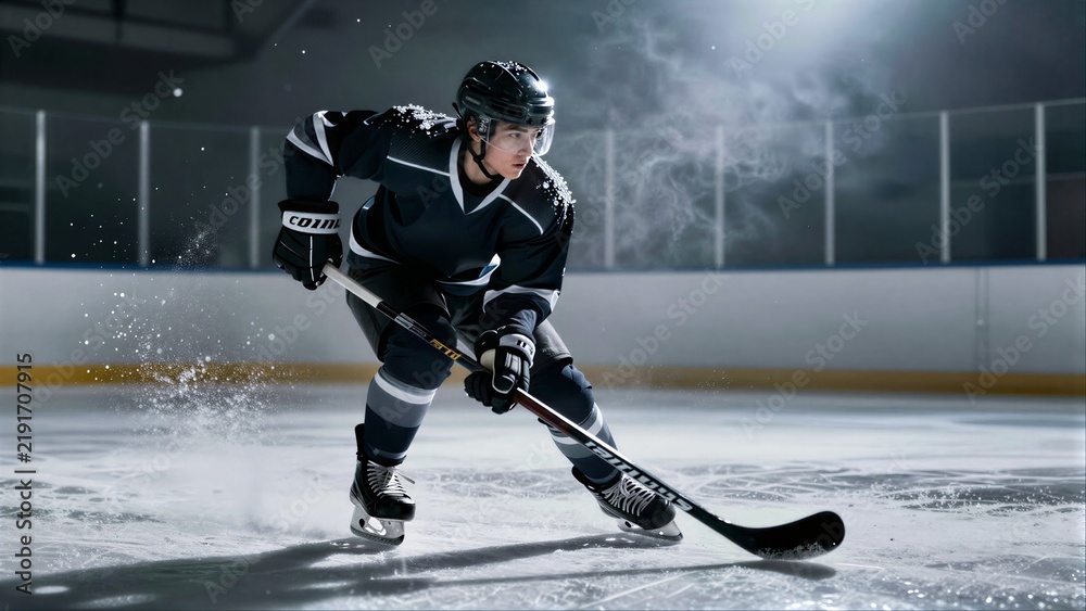 Fototapeta premium Ice hockey player skates aggressively, stick poised for a powerful shot.