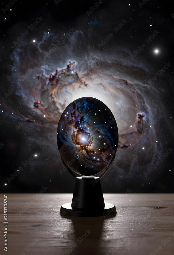 Fototapeta premium Cosmic exploration and space discovery, glowing nebula inside a crystal sphere on a wooden desk with deep space galaxy background for science research