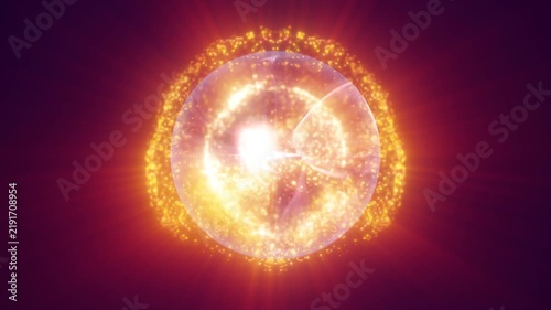 Brilliant golden plasma sphere radiating fiery light and particles against a deep purple abstract background.
