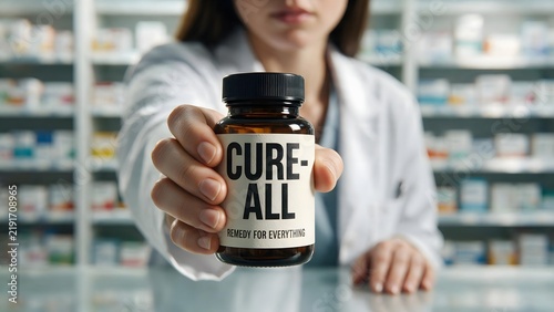 Healthcare professional holding prescription bottle labeled cure-all in pharmacy setting with copy space