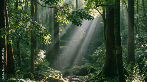 Sunlight rays streaming through tall forest trees in the morning mist