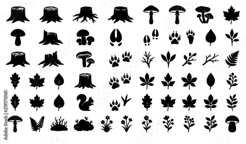 Tree Stump Mushroom Paw Print and Foliage Silhouette Vector Collection