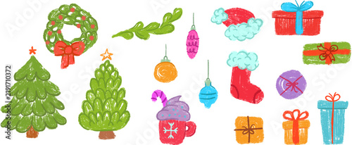 Hand drawn Christmas art set with festive elements like pine trees, wreath, gifts, stocking, ornaments, Santa hat, and hot cocoa. Cute crayon texture vector illustration isolated on white background f
