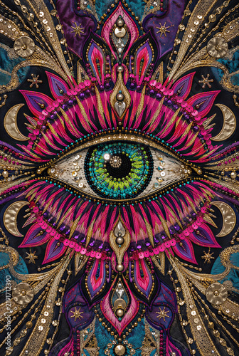 Vertical close-up of an ornate embroidered eye talisman. Intricate textile art with beads, sequins, and celestial motifs on dark fabric