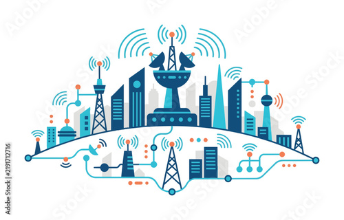 Smart city telecommunication network with satellite dish and antenna towers vector illustration.