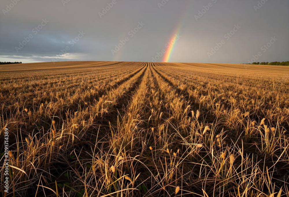 Obraz premium Agriculture and sustainability, rainbow over harvested wheat field after storm, rural landscape with golden stubble and dramatic sky at sunset