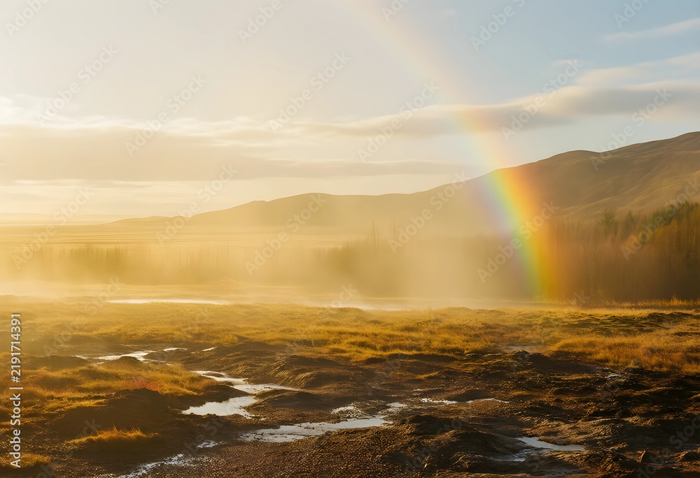 Obraz premium Hope and renewal concept, rainbow over misty golden landscape at sunrise, environmental conservation and climate resilience in a wild natural wilderness