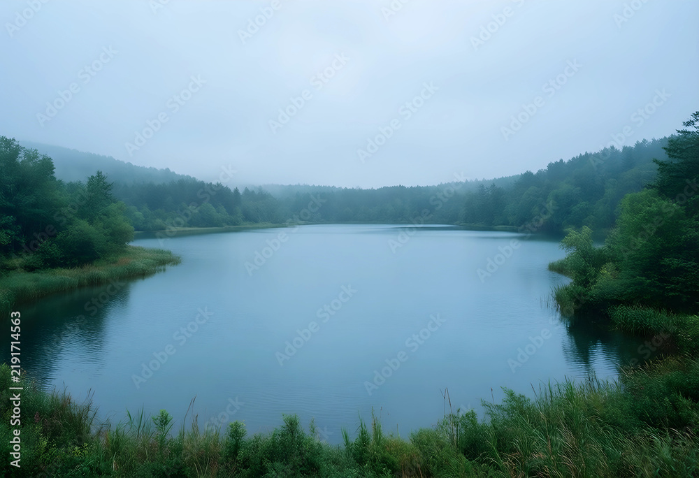 Obraz premium Serenity and mindfulness, calm lake landscape with morning fog and dense forest, peaceful nature scenery for mental health and environmental wellness
