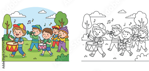 Children's Marching Band: Color and Line Art Duo. A cute vector illustration of a kids' musical parade in a park, with both colored and black & white versions side-by-side for a printable coloring pag