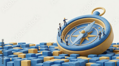 Compass cube professional navigation data teamwork guide through abstract block formations with creative problem solving spirit and ambition
